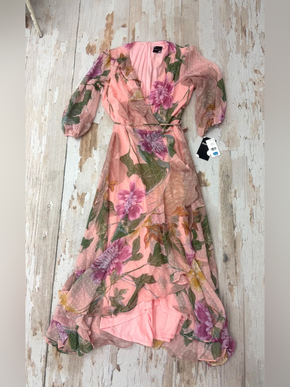 Maison Tara NWT Peony Floral Chiffon Wrap Maxi Dress Sz 14 Ruffle Balloon Sleeve